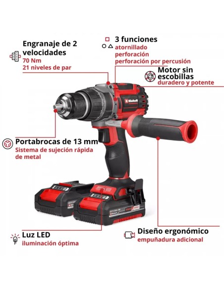 TALADRO PERCUTOR EINHELL TP-CD 18/70 Li-i BL (2x2,0Ah) + JUEGO DE 62 PUNTAS Y BROCAS SURTIDAS