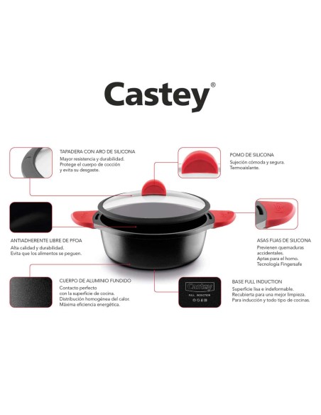 Cacerola Alta Castey Induction Antiadherente de Aluminio Fundido con Tapadera y Asas Integradas de Silicona